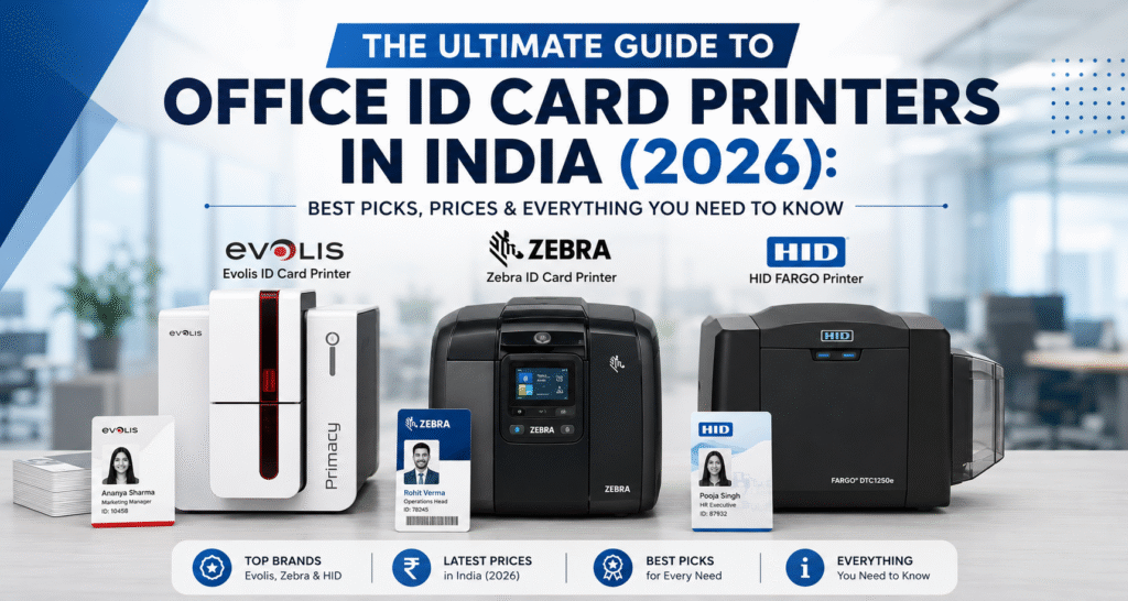 Professional feature image showing Evolis, Zebra, and HID Fargo office ID card printers in India 2026 with pricing guide and best printer picks for office ID card printing solutions.